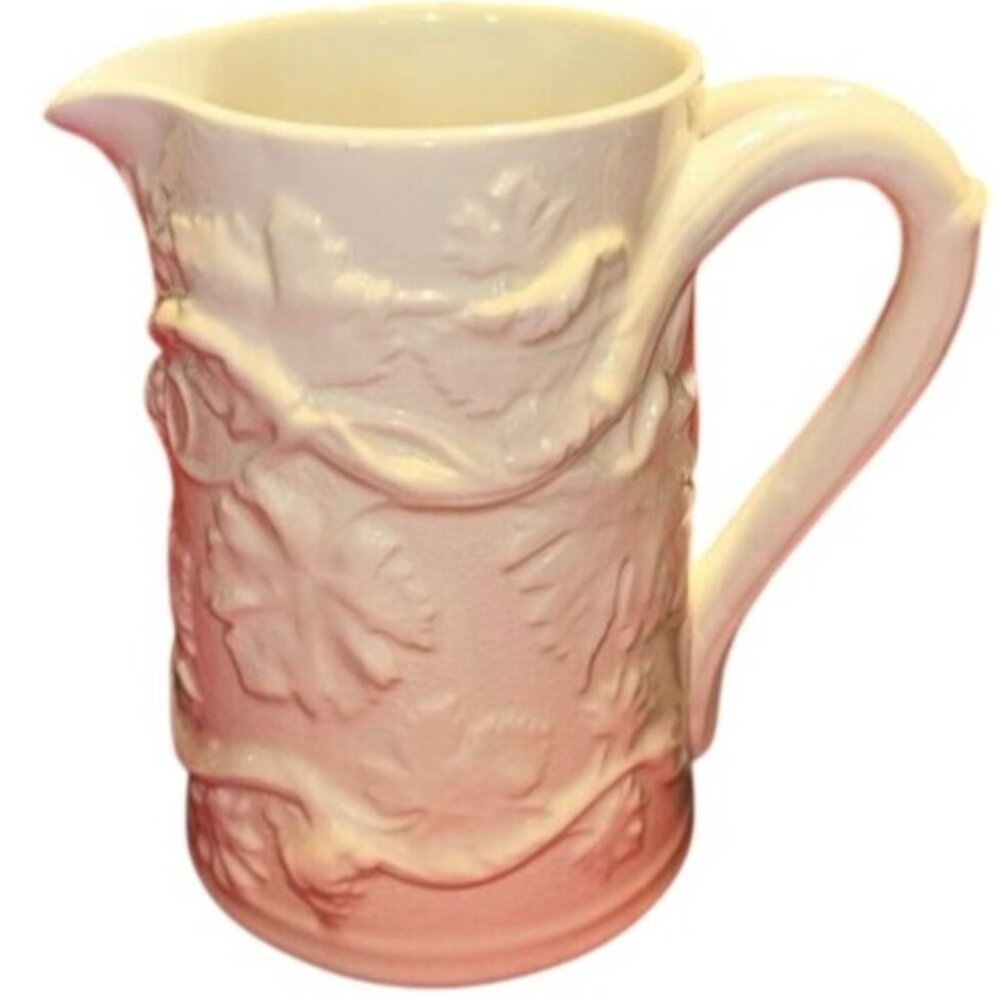 Antique Copeland Spode England White Ceramic Pitcher Embossed Vine Leaf Design 5